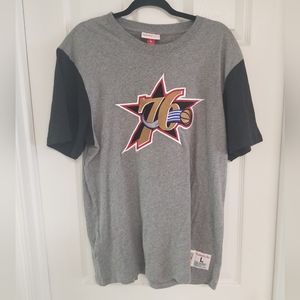 MITCHELL AND NESS PHILADELPHIA 76ERS GREY COLOR BLOCKED SHORT SLEEVE L